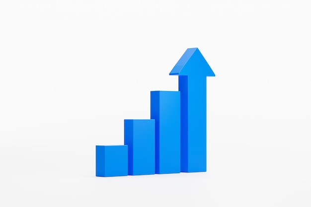 Sinal ou símbolo do ícone da seta do gráfico azul na ilustração 3d do fundo branco