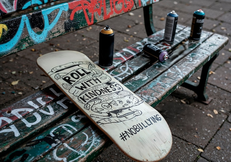 Foto grátis skateboard com mensagem "rola com bondade" em um banco de graffiti com latas de spray