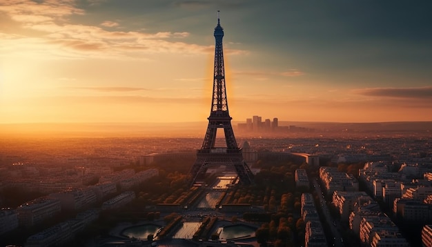 Skyline da cidade iluminada pelo céu do pôr do sol retroiluminado gerado por ia