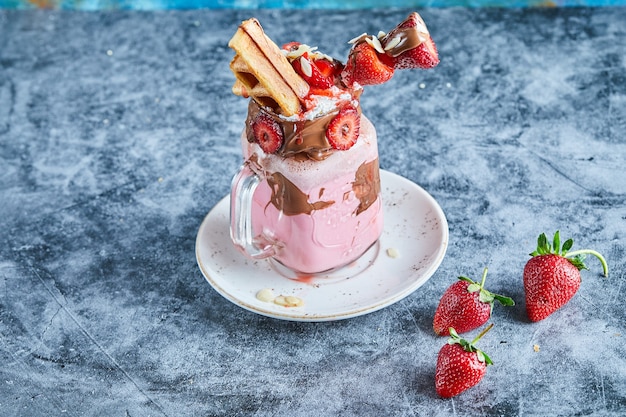 Smoothie de morango com waffle minúsculo, chocolate e fatias de morangos no prato branco na superfície azul escura