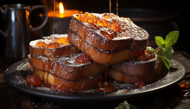 Foto grátis sobremesa de chocolate caseira recém-cozida em um prato de madeira rústico gerado por inteligência artificial