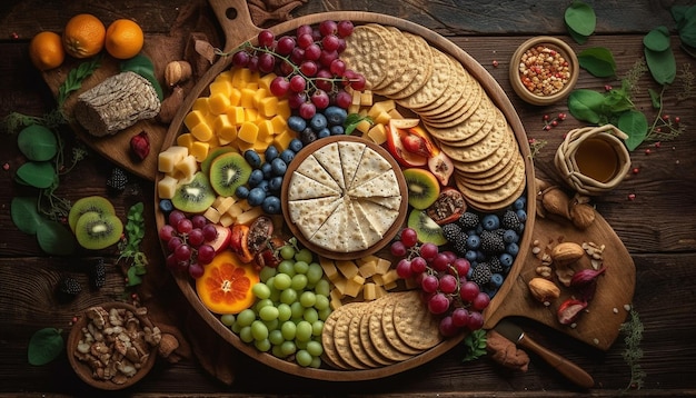 Sobremesa de frutas frescas em mesa de madeira rústica com indulgência gourmet gerada por IA