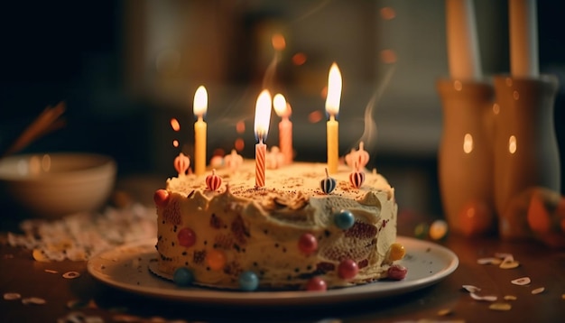 Sobremesa doce com velas iluminando a alegria da celebração gerada pela IA