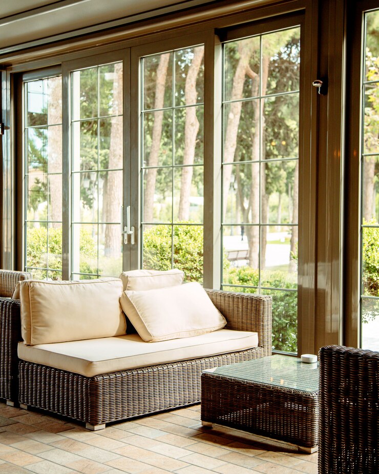 Foto grátis sofa ao ar livre com almofadas beige e mesa de café na frente da janela do restaurante