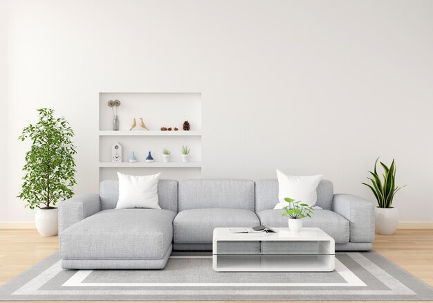 Sofa cinza na sala de estar branca com espaço para cópias