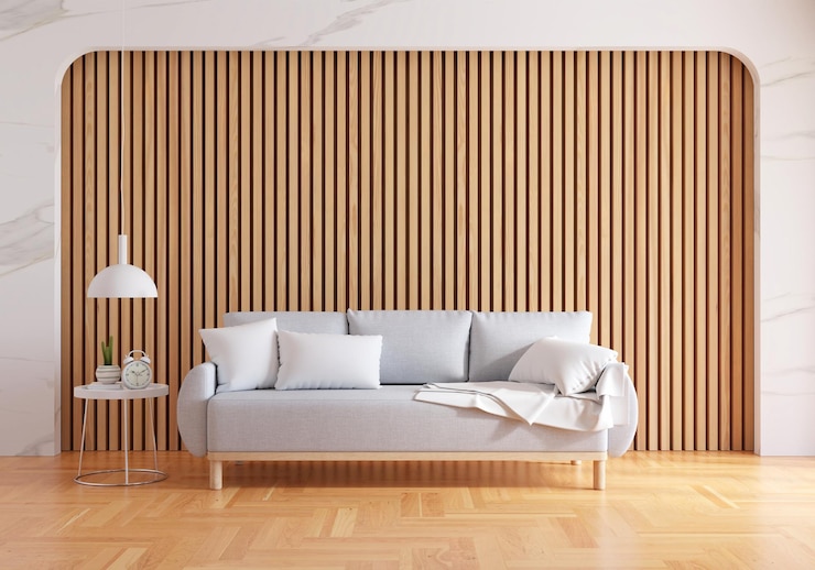 Foto grátis sofa cinza na sala de estar com espaço para cópias