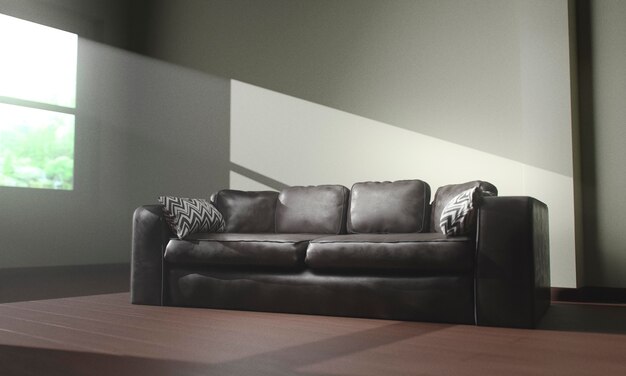 Sofa de couro de frente ao lado da janela