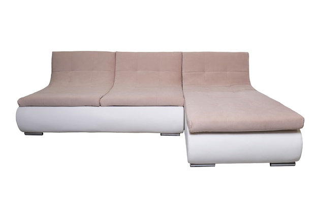 Sofá de couro moderno com almofadas de tecido bege isoladas, vista frontal. sofá contemporâneo, móveis em estilo minimalista, interior, design doméstico
