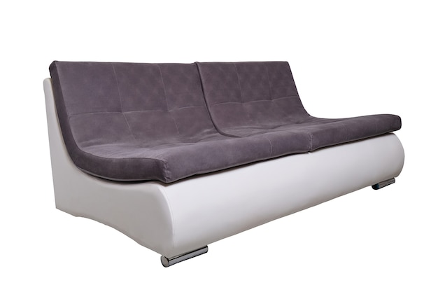 Sofá de couro moderno com almofadas de tecido cinza isoladas, vista lateral. sofá contemporâneo, móveis em estilo minimalista, interior, design doméstico