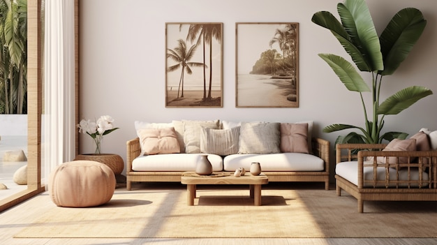 Foto grátis sofa em uma sala de estar decorada com desenho folclórico brasileiro