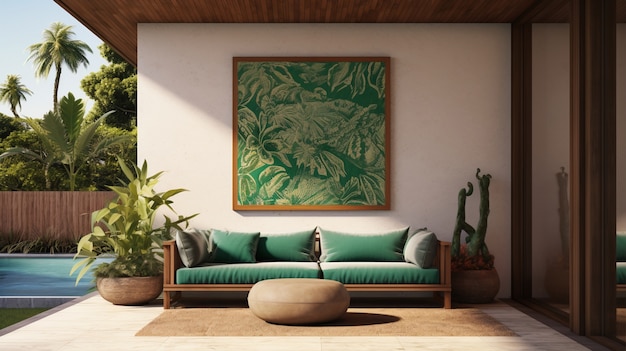 Sofa em uma sala de estar decorada com desenho folclórico brasileiro