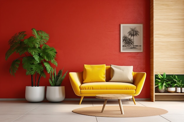 Sofa em uma sala de estar decorada com desenho folclórico brasileiro