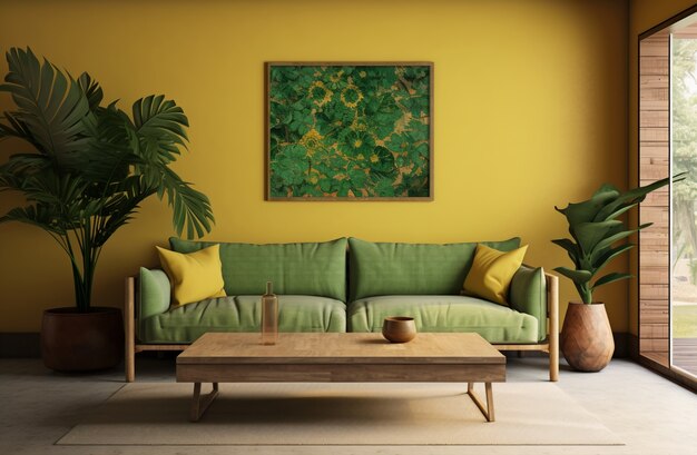 Sofa em uma sala de estar decorada com desenho folclórico brasileiro