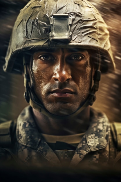 Soldado de frente vestindo equipamento de camuflagem