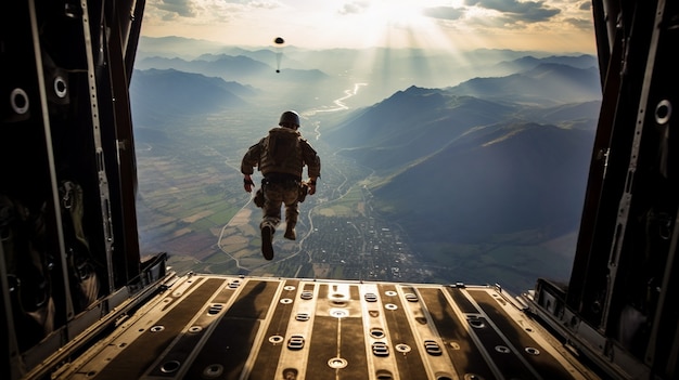 Foto grátis soldado de tiro completo saltando do avião