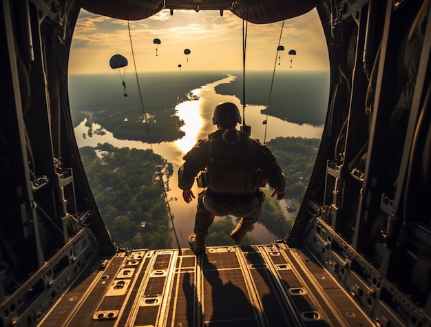 Foto grátis soldado de tiro completo saltando do avião