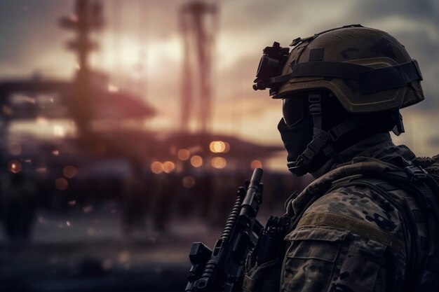 Soldado de tiro médio vestindo equipamento de camuflagem