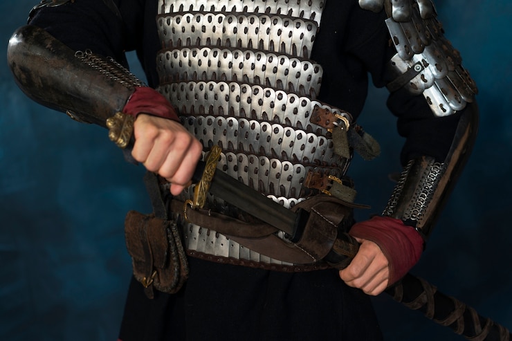 Foto grátis soldado medieval de vista frontal posando no estúdio