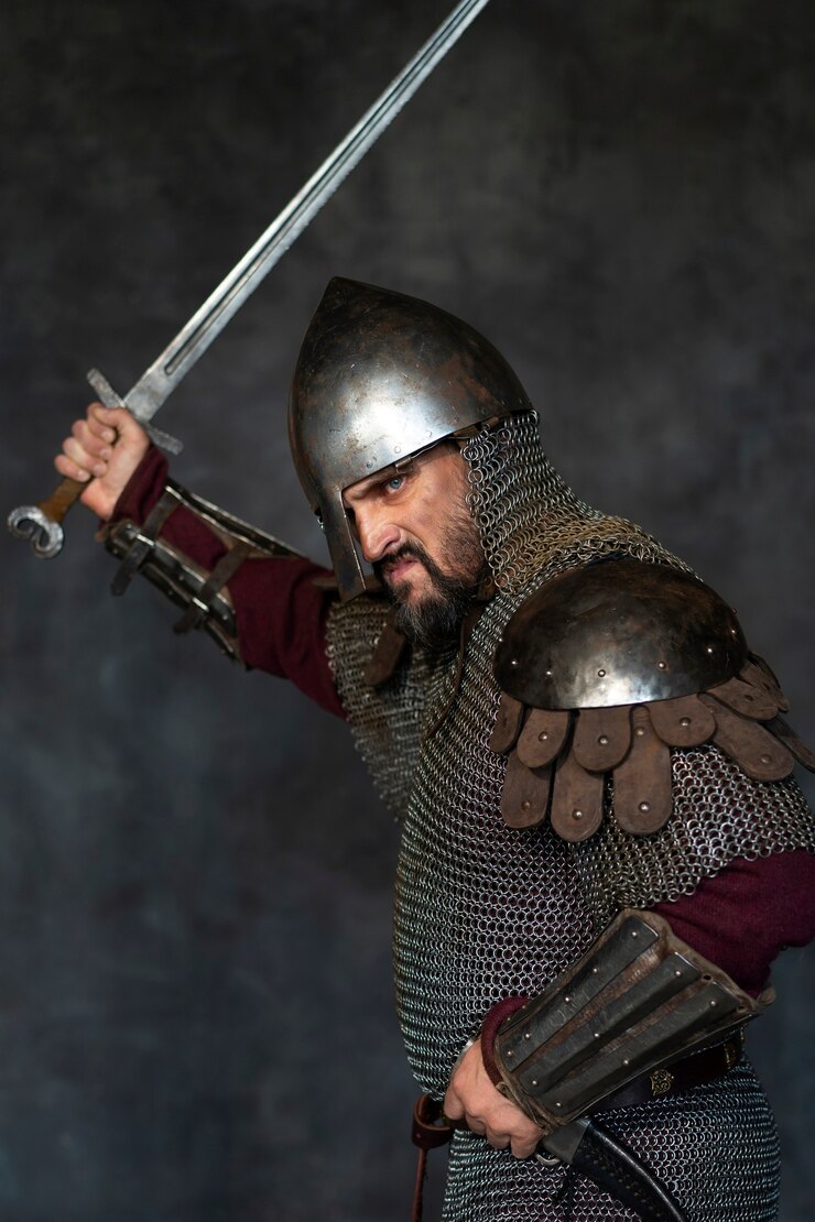 Foto grátis soldado medieval de vista lateral posando no estúdio