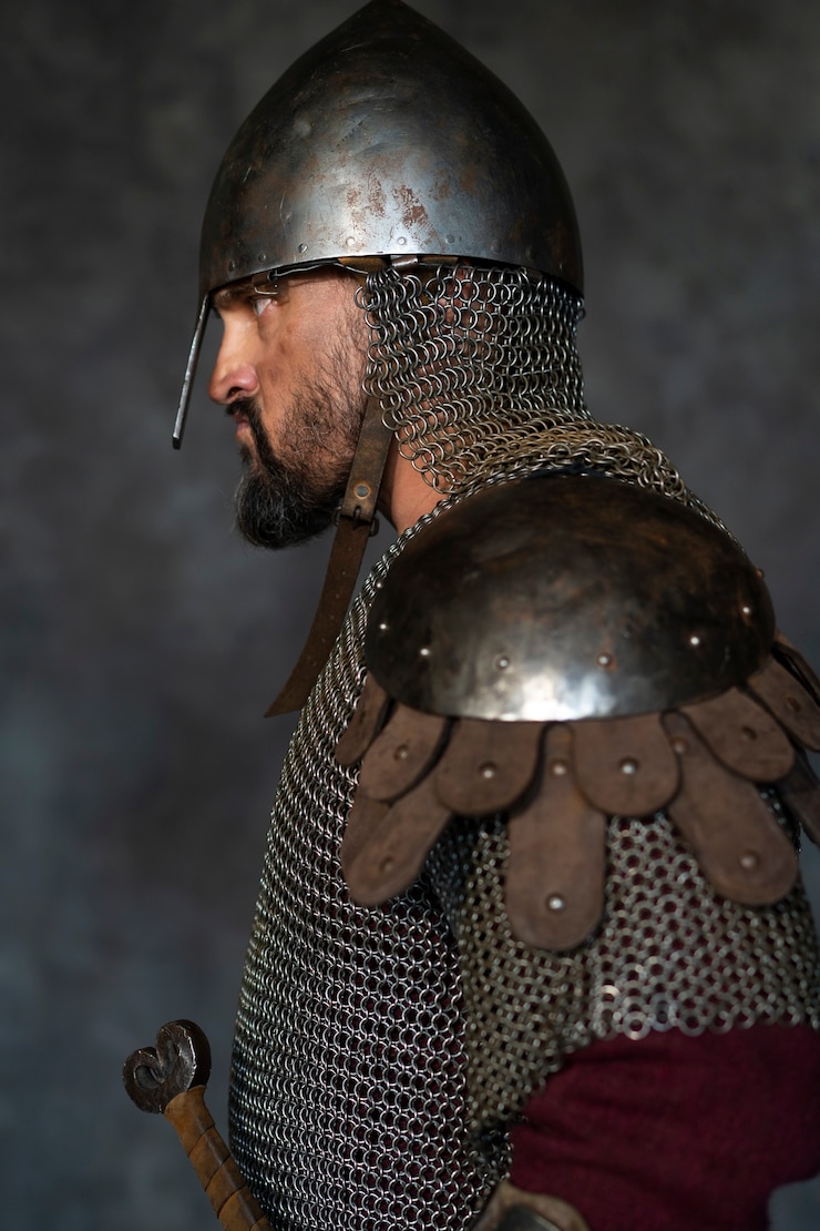Foto grátis soldado medieval de vista lateral posando no estúdio