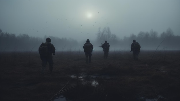 Soldados com armas na mão num campo na névoa.