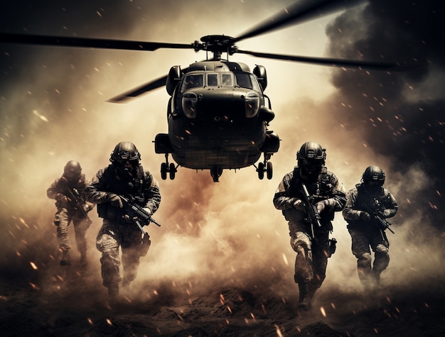 Foto grátis soldados de tiro completo lutando com helicóptero
