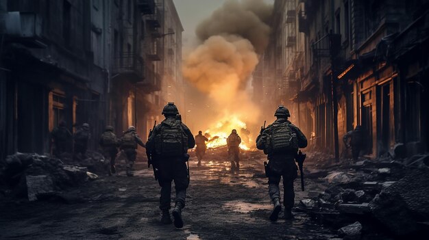 Soldados generativos de IA andando pelas ruas de uma cidade em ruínas
