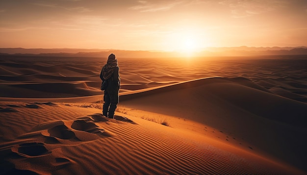 Foto grátis solidão no clima árido, homem andando em dunas de areia geradas por ia