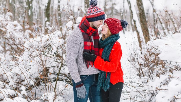 Sonhando casal de conteúdo em floresta de inverno