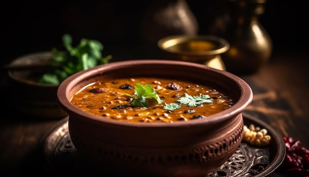 Sopa de abóbora vegetariana recém cozida com guarnição de coentro gerada por IA