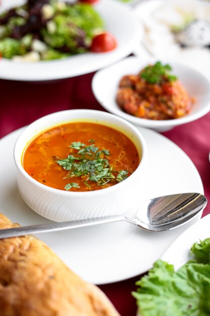 Sopa de caldo de galinha de vista lateral com pão em uma mesa servida