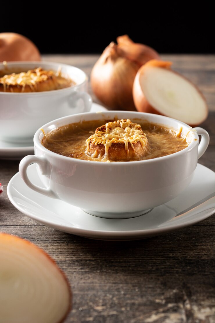 Sopa de cebola francesa na mesa de madeira