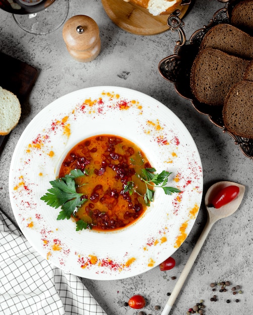 Foto grátis sopa de kharcho com pão preto