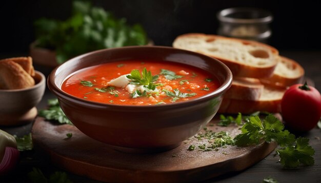 Sopa de legumes fresca na mesa de madeira rústica generativa AI