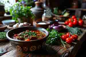 Foto grátis sopa georgiana kharcho um primeiro prato tradicional de carne de vaca e vegetais um prato aromático picante