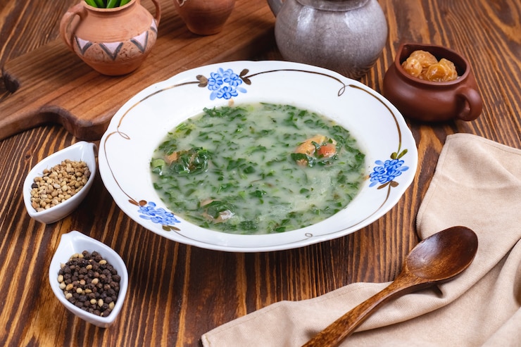 Foto grátis sopa verde espinafre cebola especiarias vista lateral