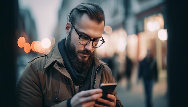 Foto grátis sorridente jovem empresário lendo mensagem de texto ao ar livre gerada por ia