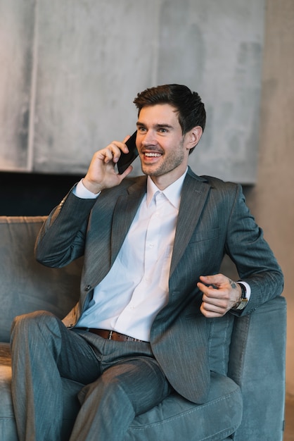 Sorrindo, jovem, homem negócios, sentar sofá, falando, através, telefone móvel