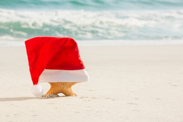 Starfish coberto com chapéu de Santa mantido na areia