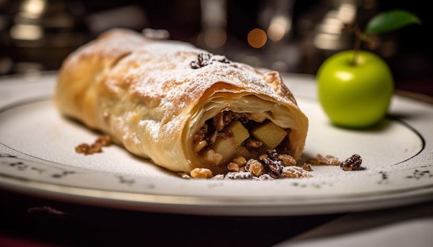 Foto grátis strudel de maçã recém-assado em prato gourmet gerado por ia