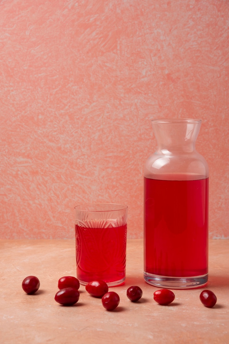 Foto grátis suco de cornel vermelho em frasco de vidro.