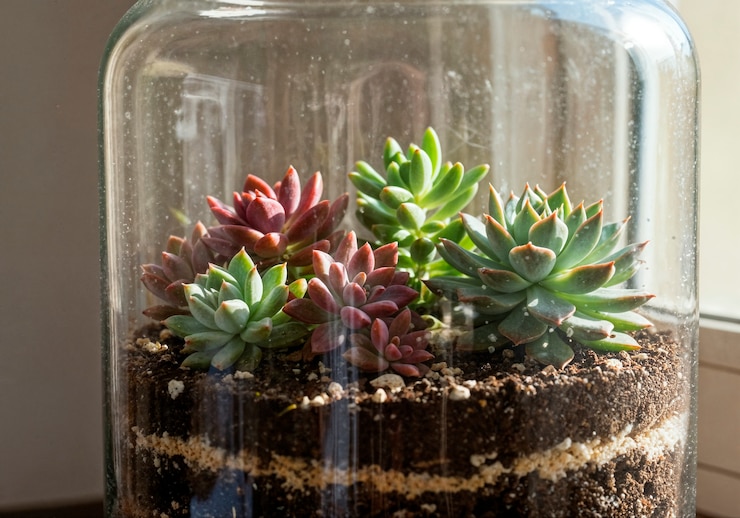 Foto grátis suculentas num terrário de vidro