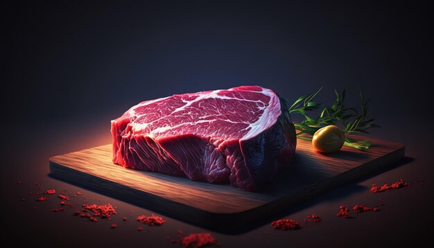 Suculento pedaço de carne em uma placa de madeira generativa AI