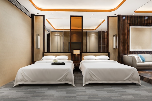 Suíte de luxo com renderização em 3D em hotel resort com cama de solteiro e sala de estar