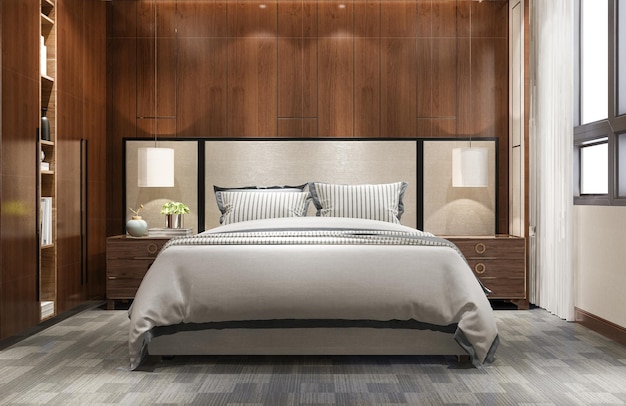 Foto grátis suíte de luxo de renderização 3d em hotel com tv, armário e guarda-roupa