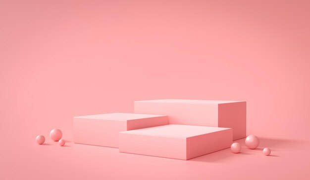 Suporte de exibição de produto de pedestal de cubo rosa ou pódio em renderização 3D de fundo rosa pastel