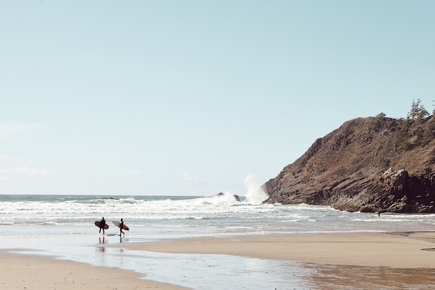 Foto grátis surfistas à distância em praia rochosa