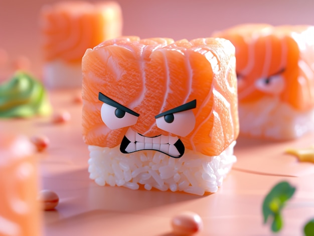 Sushi bonito em 3D com cara.