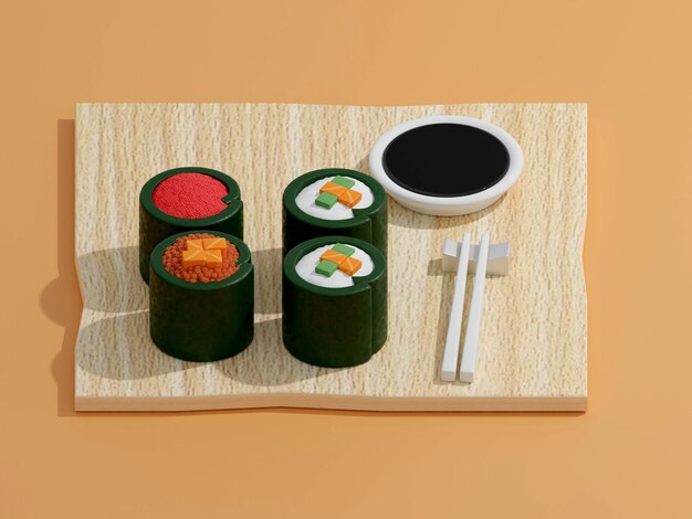 Sushi e rolos em uma tábua de madeira com pauzinhos japoneses em renderização 3d de fundo