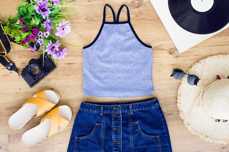 Foto grátis swimsuit com acessórios da praia no fundo de madeira.